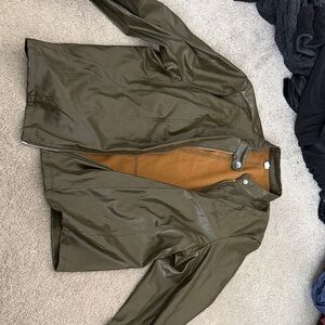 Women’s Faux Leather Olive Green Bomber Jacket with Brown Lining